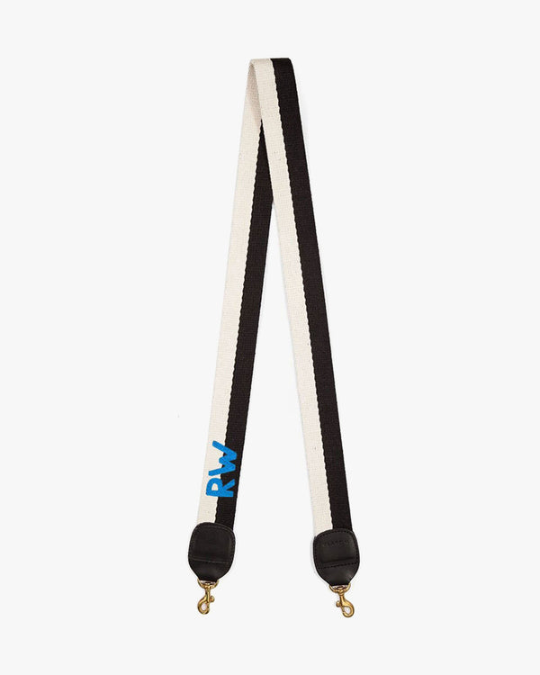 Black and White Cotton Webbing Crossbody Strap with Embroidered Monogram