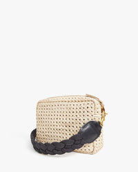 Black Braided Rope Crossbody Strap on the Cream Rattan Midi Sac