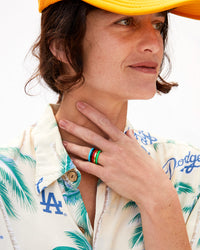 Danica Wearing All Five Enamel Stacking Rings - Turquoise, Black, Poppy, Yellow Gold, and Emerald