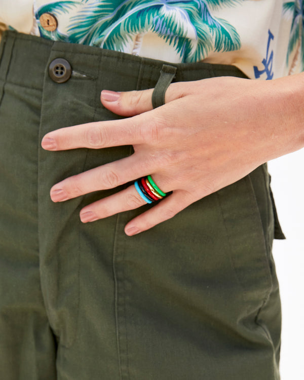 Detail of Danica's Ring Finger Wearing All Five Of Our Stacked Rings