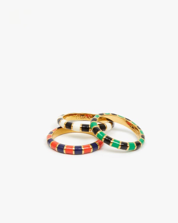 Black & Cream Enamel Stripe Stacking Ring with the Red & Navy and Emerald & Black Enamel Stripe Stacking Rings