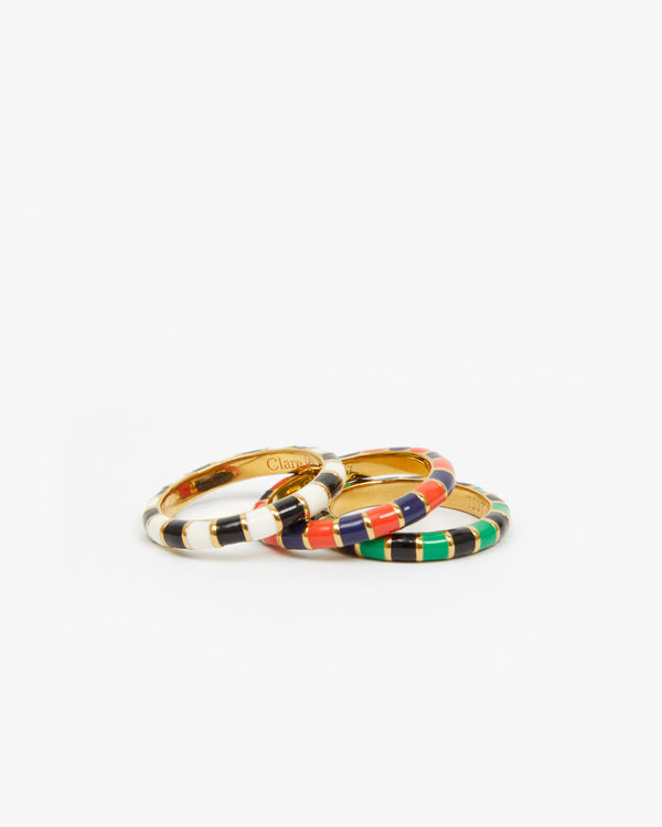 Black & Cream Enamel Stripe Stacking Ring with the Red & Navy and Emerald & Black Enamel Stripe Stacking Rings