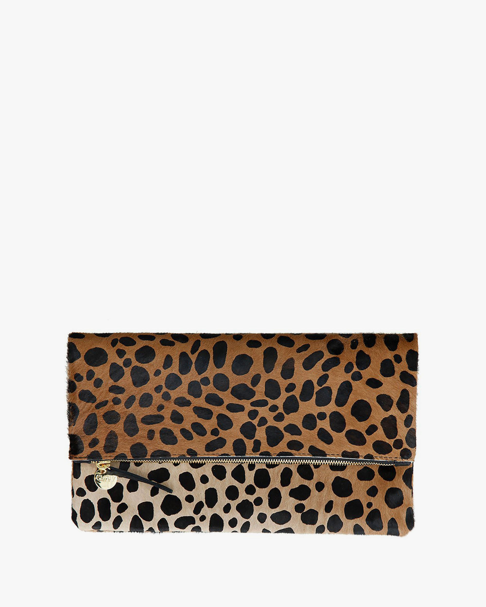 CLARE V. Midi Sac Animal Leopard Print Leather Shoulder Bag Cat Suede