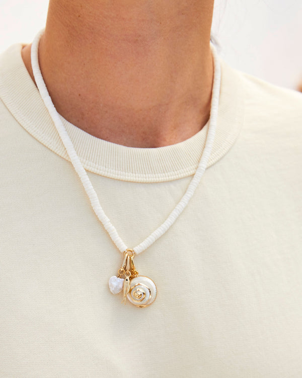 Mother of Pearl Stacked Shell Necklace with the  Freshwater Pearl Mini Heart Charm, Sardine Charm and the Gold Dipped Shell Charm
