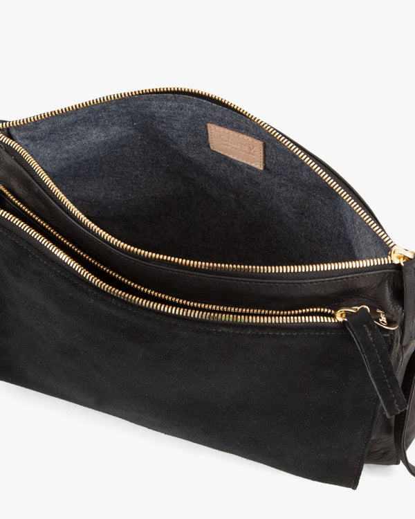 Black Gosee Clutch Unzipped Showing Interior Chambray Lining