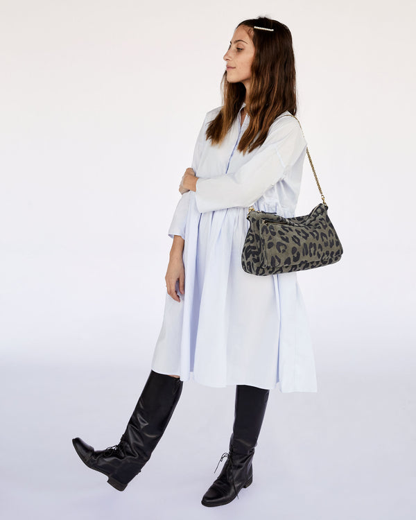 Thick Chain Shoulder Strap on the Army Pablo Cat Suede Gosee Clutch on Frannie - Full Body View