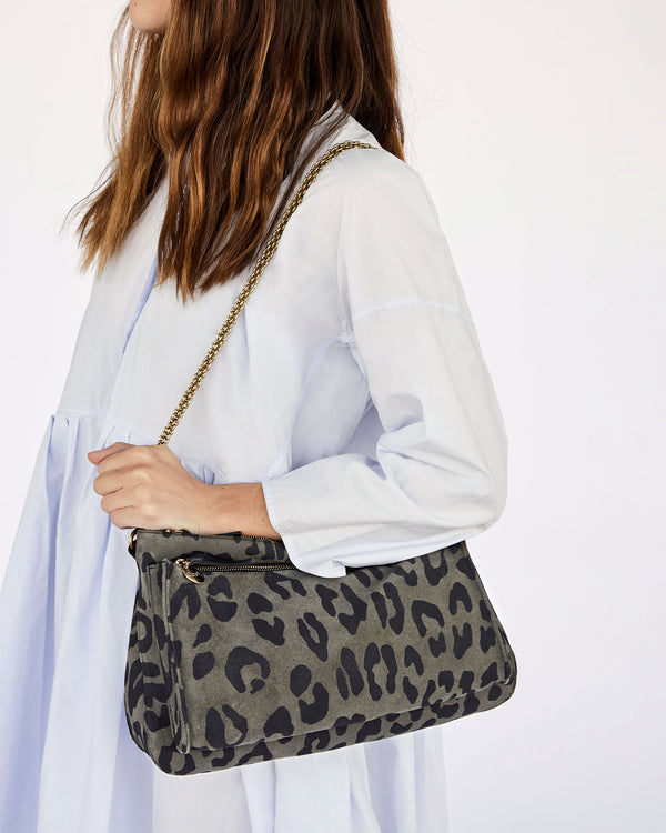 Thick Chain Shoulder Strap on the Army Pablo Cat Suede Gosee Clutch on Frannie - Side View