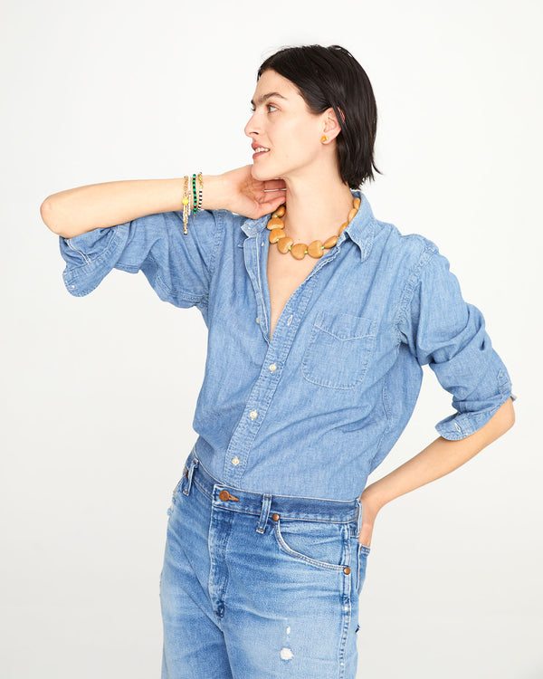 Athena wearing the Natural Heart Collar with an all denim outfit