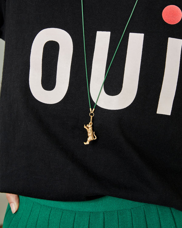 Frannie Wearing the Jumping Tiger Charm  on the Green Coated Chain Necklace