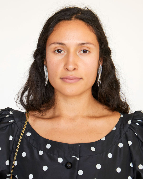 Andrea Wearing the Clear Layered Stone Statement Earrings