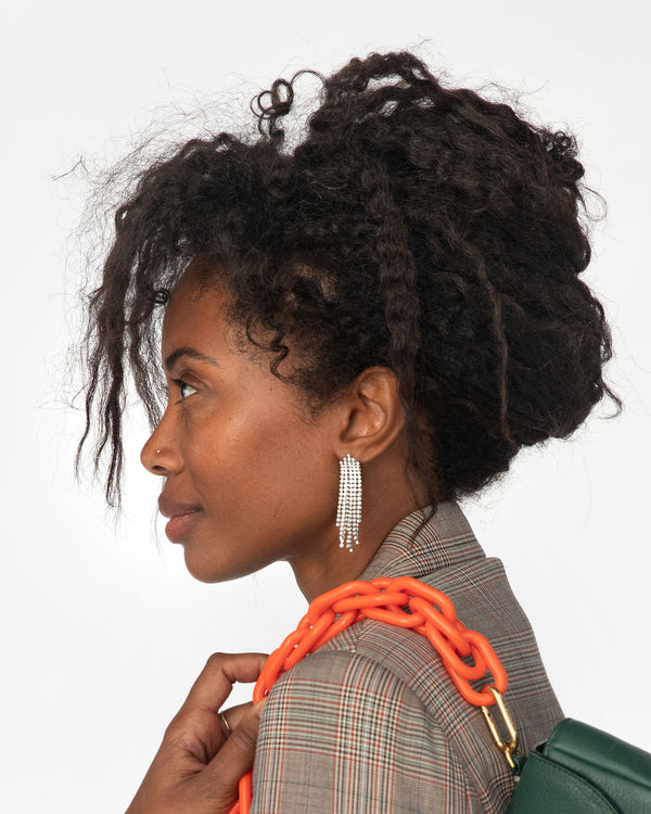 Mecca Wearing the Clear Layered Stone Statement Earrings
