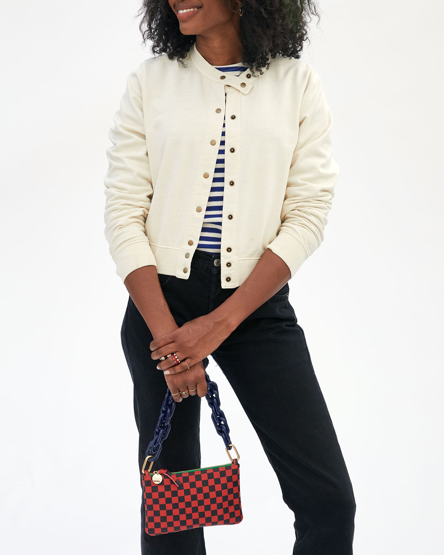 Clare V. - Simple Tote in Black w/ Pacific & Cherry Red Woven Striped  Checker