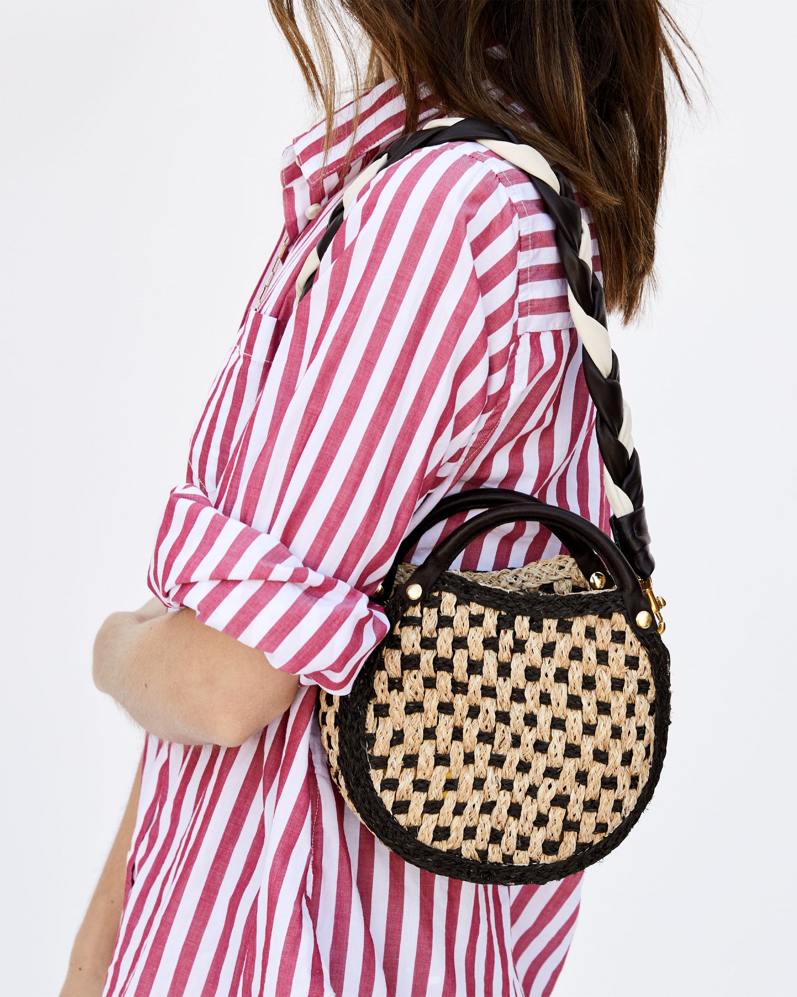 Black & Natural Woven Lil Bebe on Frannie with the black and cream braided shoulder strap