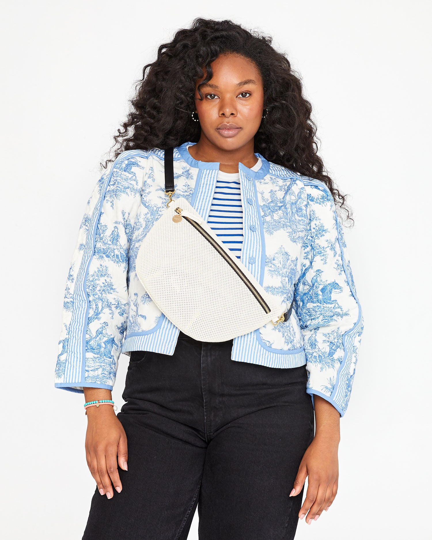 Candice wearing the Black Veg Grande Fanny Belt on the cream perf grande fanny
