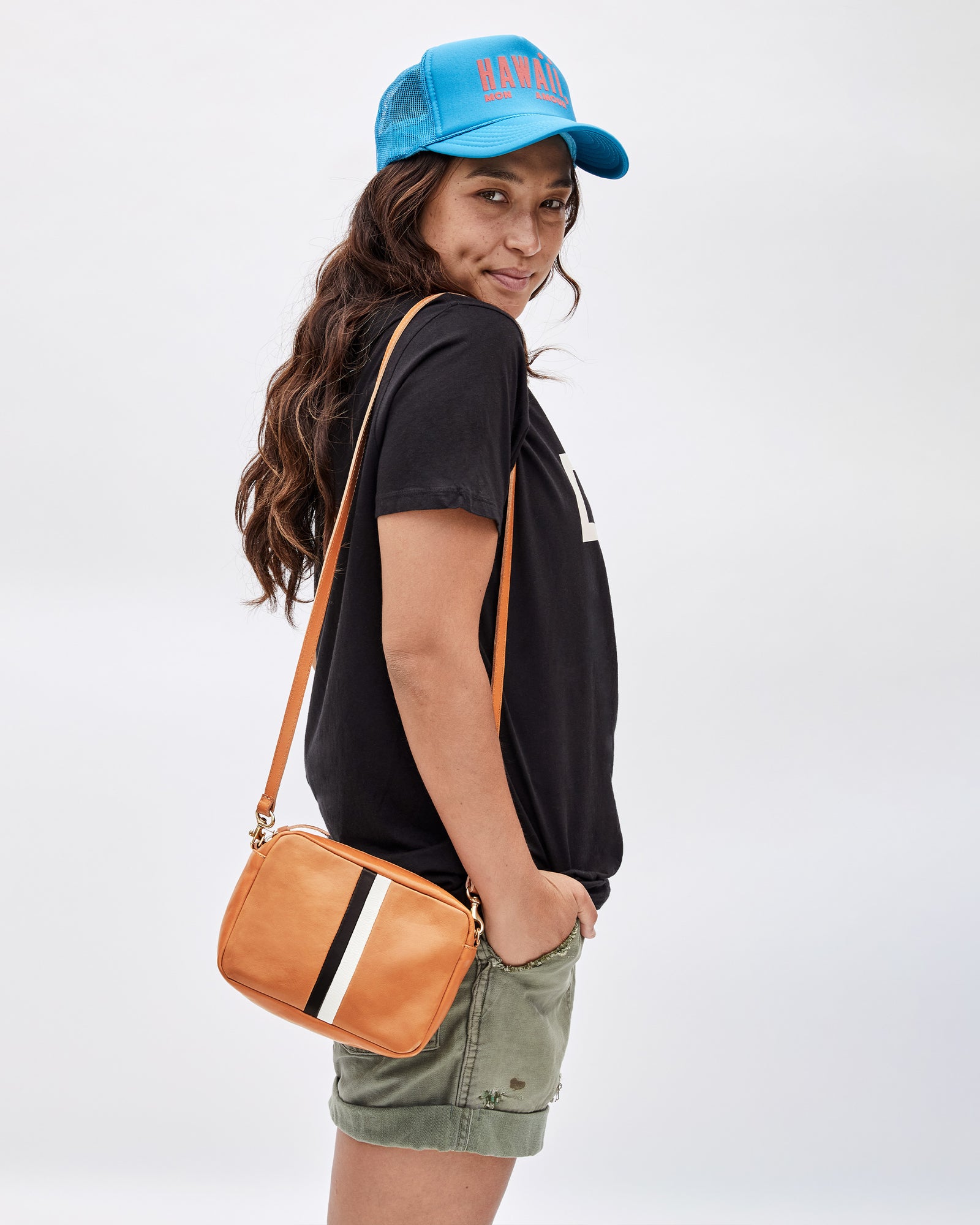 Clare V. Le Zip Bag w/ Front Pocket in Cognac & Pacific Stripe
