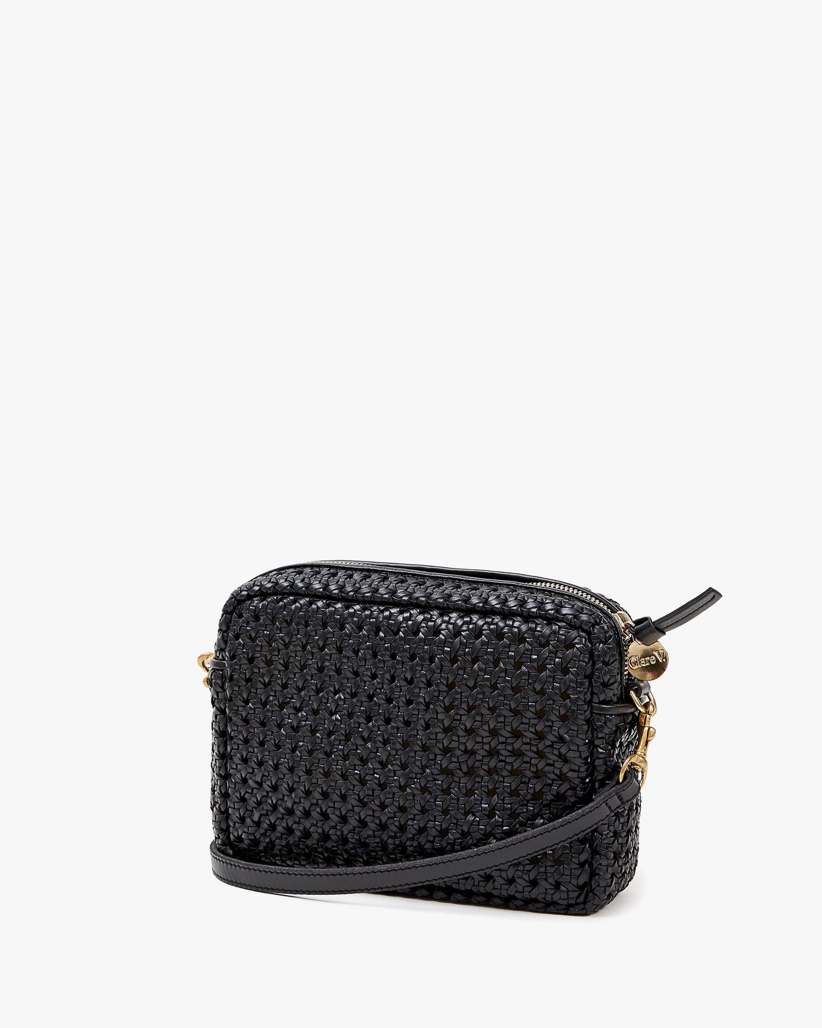 Clare V. Midi Sac Woven Leather Crossbody Bag in Black/Natural Woven Checker