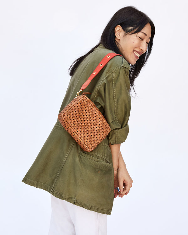 Tan Rattan Midi Sac with Poppy with Grommets Shoulder Strap on Ami