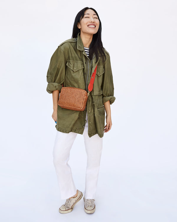 Tan Rattan Midi Sac with Poppy with Grommets Shoulder Strap on Ami