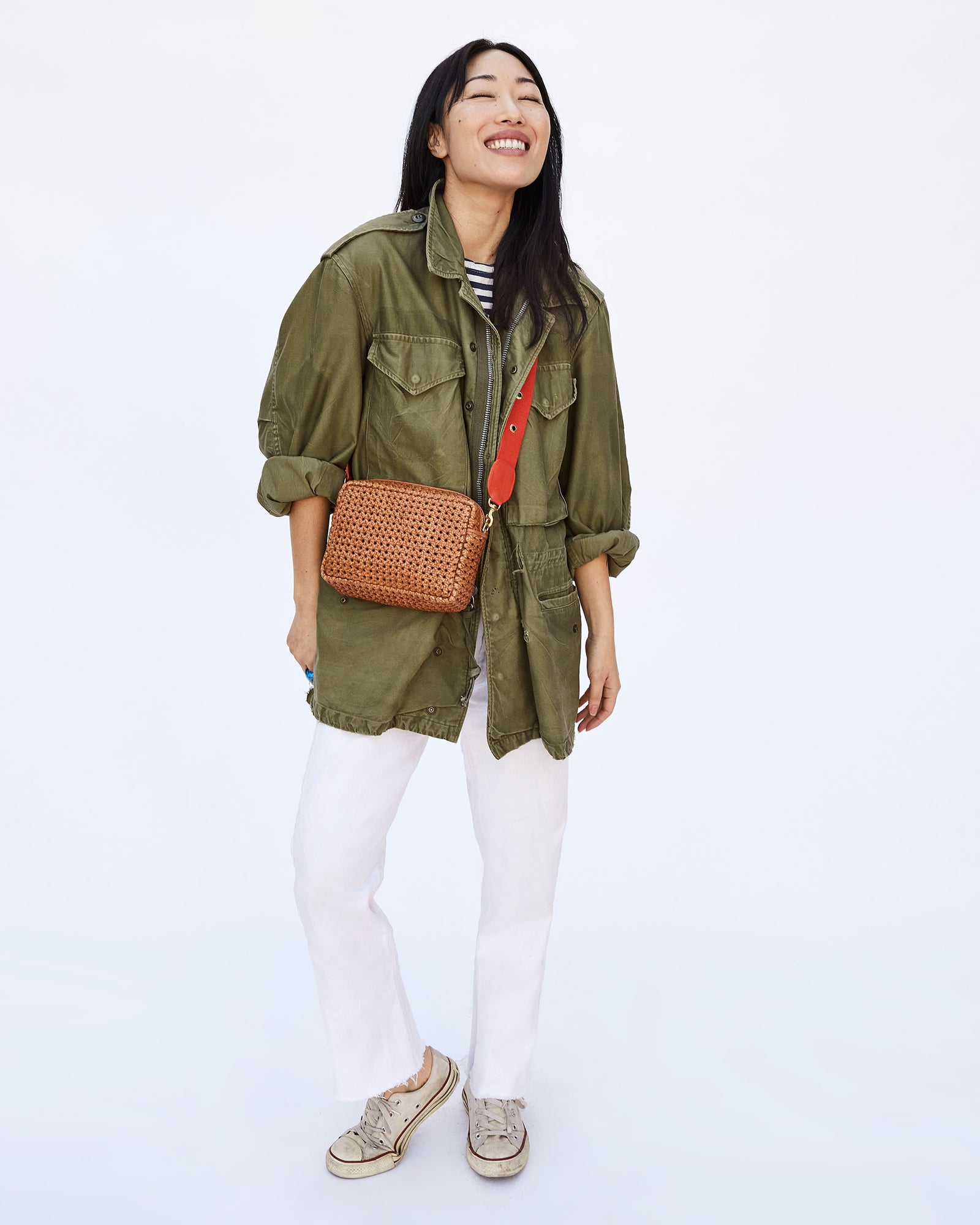 Tan Rattan Midi Sac with Poppy with Grommets Shoulder Strap on Ami
