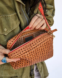 Tan Rattan Midi Sac with Poppy with Grommets Shoulder Strap on Ami