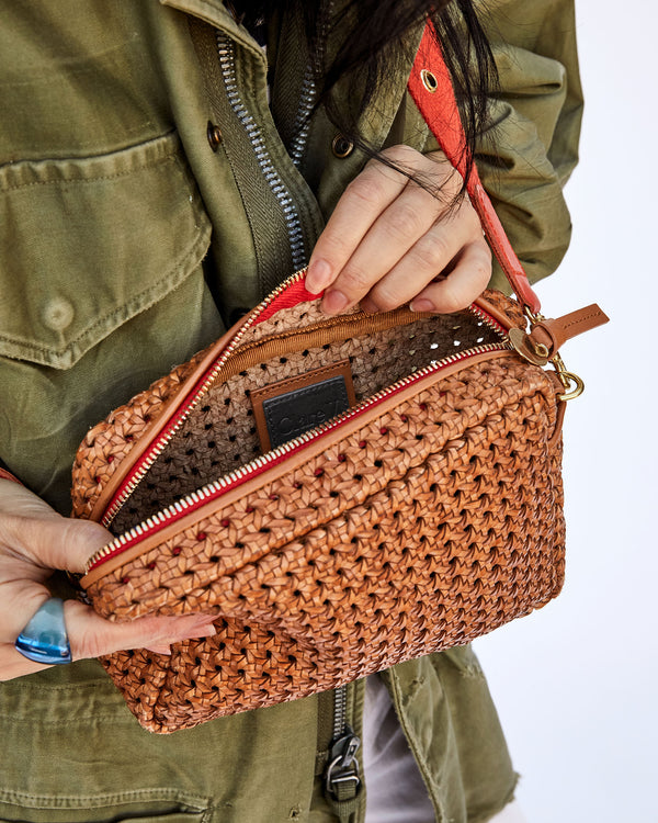 Clare V: Midi Sac: Safari Green & Coral Woven Checker — ALCHEMY MARIN