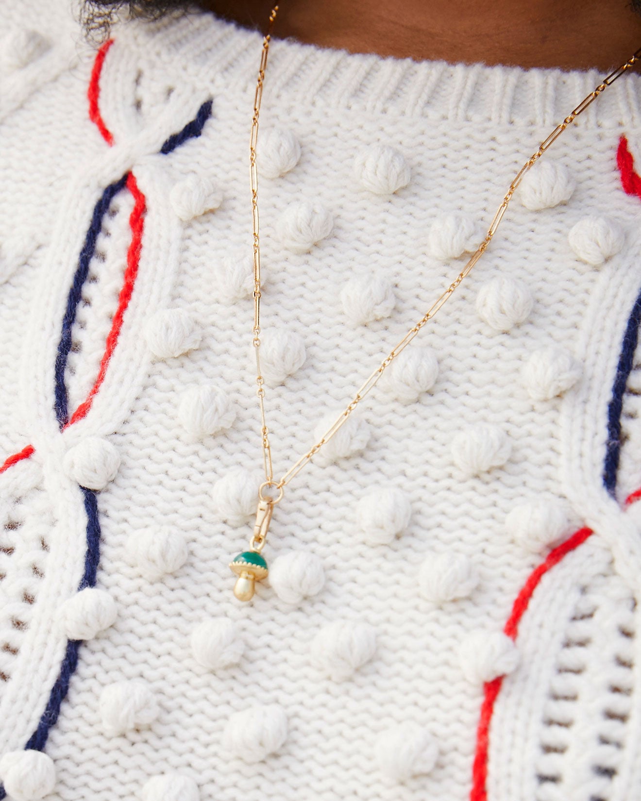 Candace Wearing the Green w/ Vintage Gold Mushroom Charm on the Paperclip Chain Necklace
