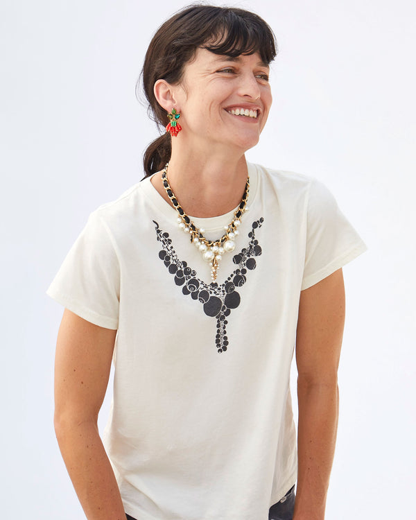 Danica Wearing the Cream Classic Tee with Necklace Print with the Pearl Cluster Necklace