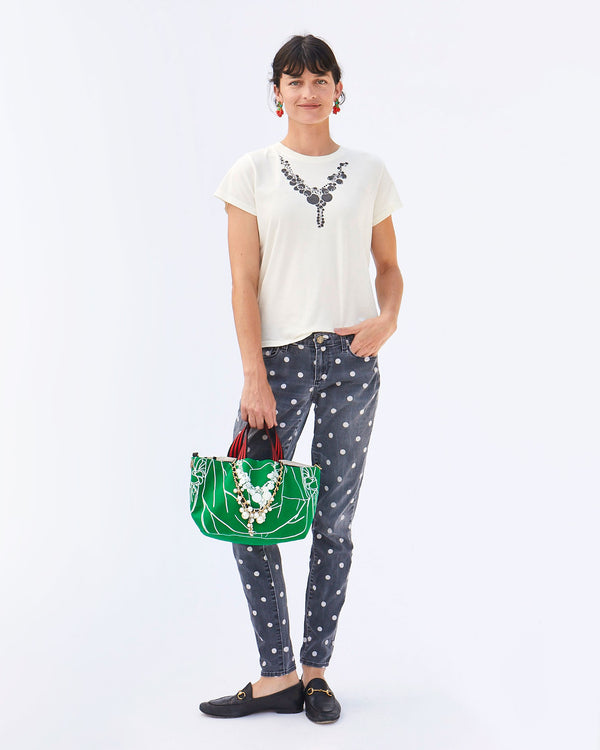 Danica Wearing the Cream Classic Tee with Necklace Print with Polka Dot Jeans