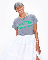 Patty Wearing Our Grey with Neon Green Liberez Les Sardines Classic Tee with a High Waist White Flowy Skirt