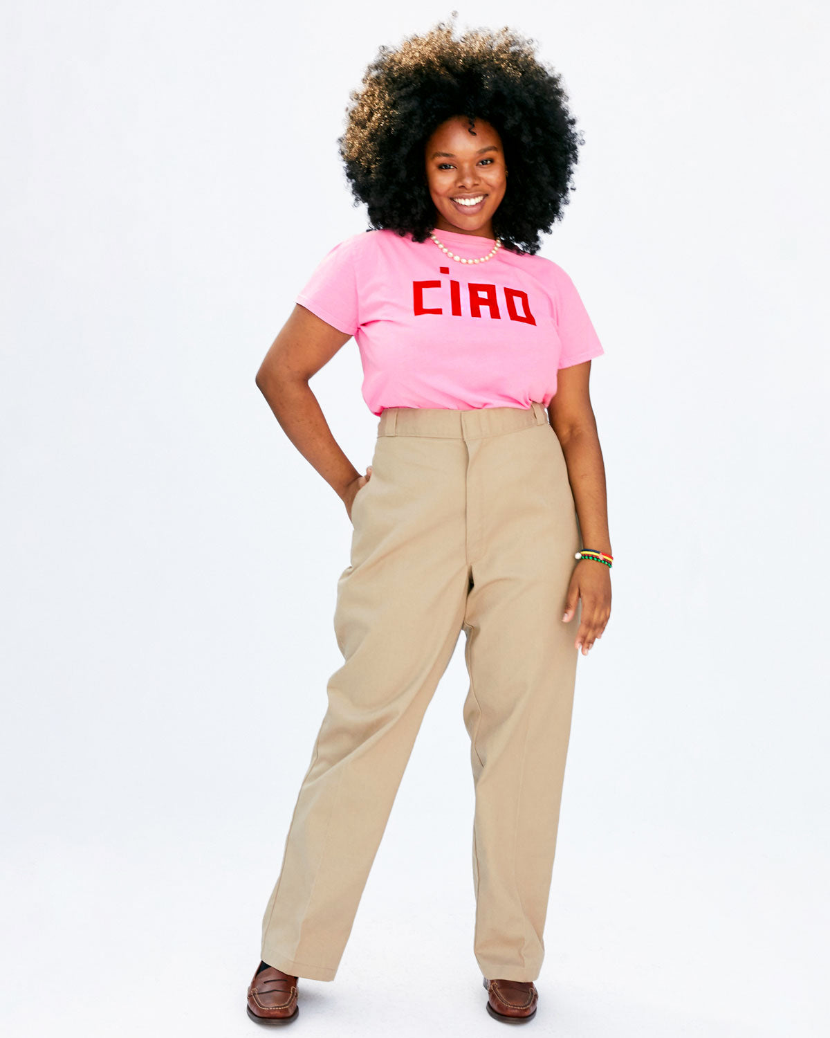 Candace in the Neon Pink Ciao Classic Tee with Khaki Slacks