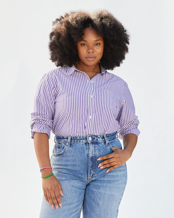 candace wearing the Dark lilac and Cream Stripe Phoebe Blouse tucked into jeans