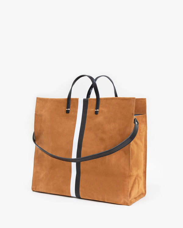 Back of The Simple Tote in Camel Suede w/Black & White Stripes 