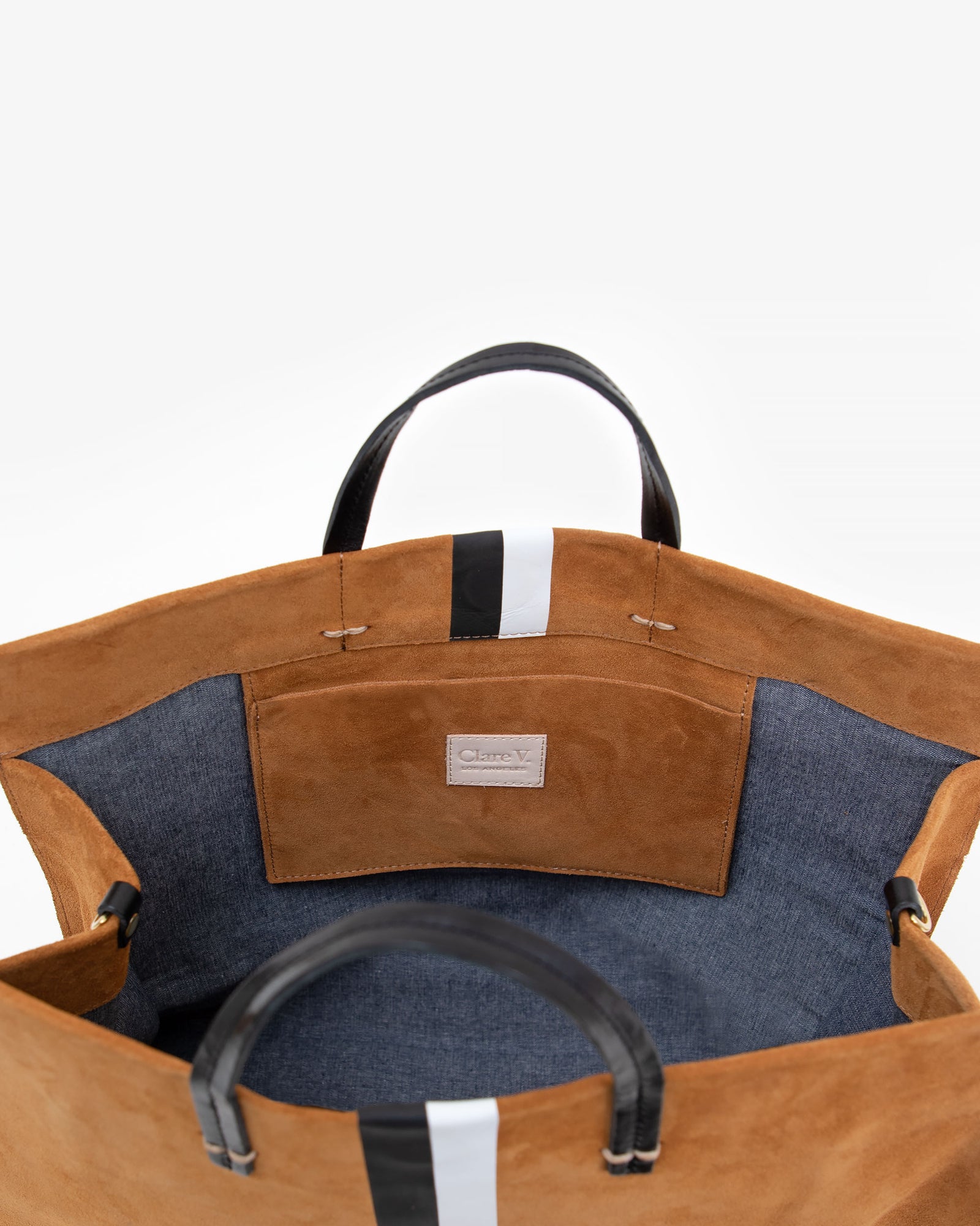 Inside of The Simple Tote in Camel Suede w/Black & White Stripes - Showing The Inside Pocket