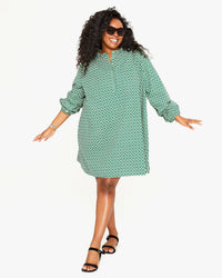 Candice wearing the Evergreen and Cream Rattan Print St. Martin Dress