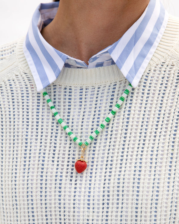 White & Emerald Stacked Shell Necklace Shown with the Red Fraise Charm