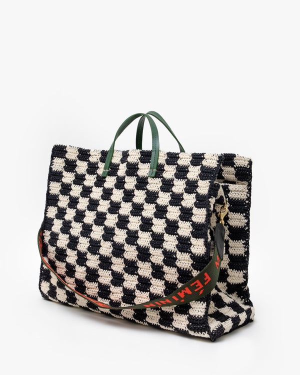 Black & Cream Crochet Checkers Summer Simple Tote - Back Flat