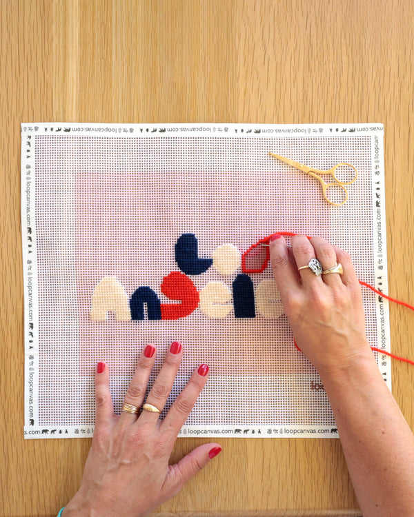 CV x Loop Canvas Needlepoint Kit in Blush with Bleu Blanc Rogue Los Angeles Print in Process of being Completed 
